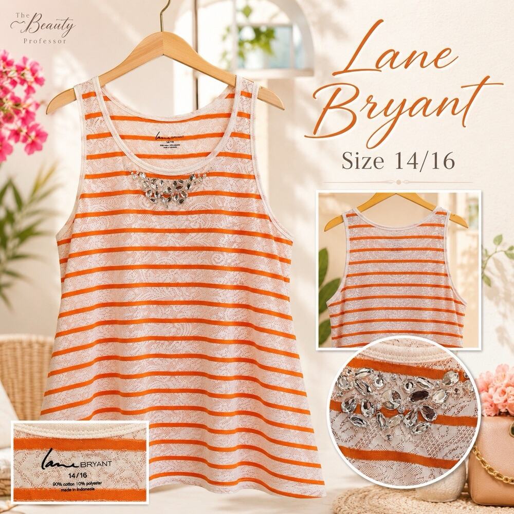 💋 Lane Bryant 14/16 Lace Tank Top Orange Stripe Rhinestone Jeweled Sleeveless